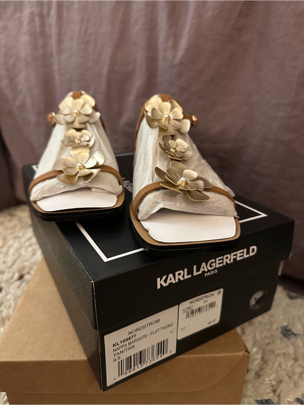 Karl Lagerfeld Tan Sandals with Gold Flower Embellishments